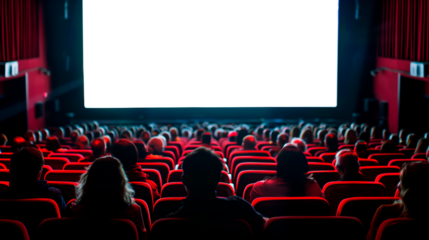 Audience watching a film in a cinema, red seats, screen in focus. Screen with transparent background for customization. 