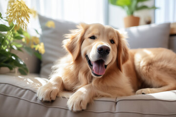 Happy golden retriever dog is lying on a cozy sofa in a modern living room - 774716475