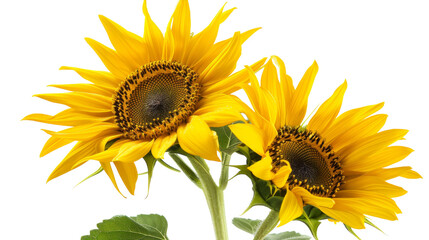 Two vibrant yellow sunflowers with lush green leaves against a pristine white backdrop © yousaf