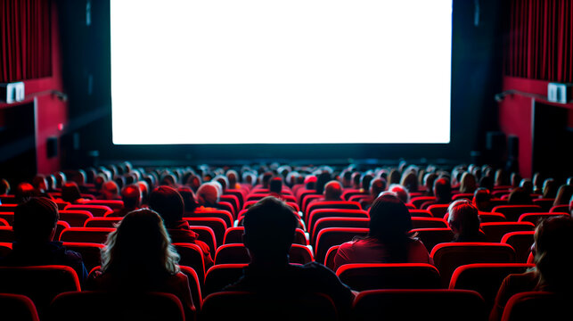 Audience watching a film in a cinema, red seats, screen in focus. Screen with transparent background for customization. 