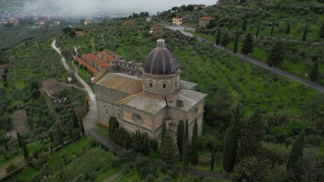 Unique Perspectives: Santa Maria delle Grazie al Calcinaio Church by Drone over Arezzo. Italy.