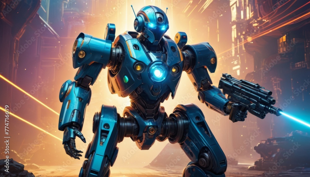 Poster digital rendering of a futuristic robot with a sleek blue design, equipped with a high-tech weapon a