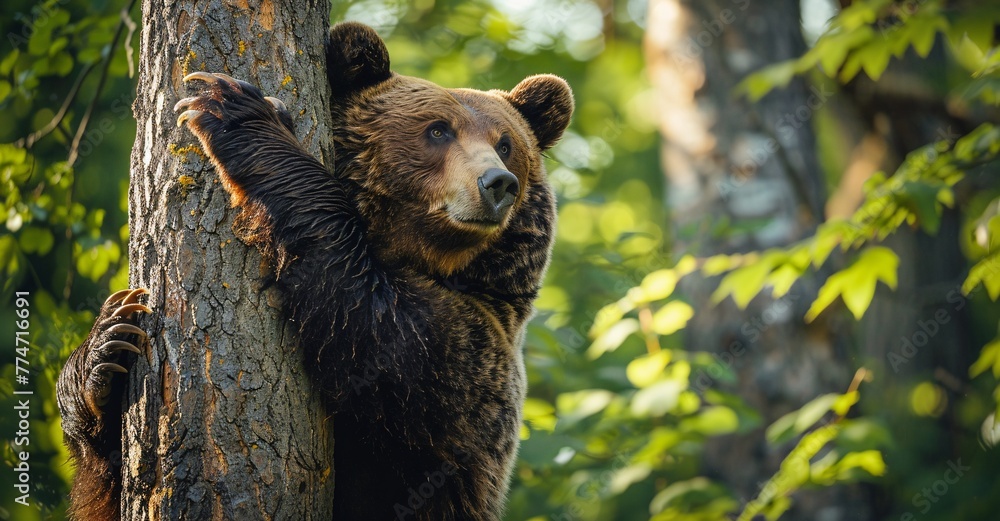 Poster Bear Hug - A captivating image of a brown bear hugging a tree, showcasing its strength and connection to nature. Generative AI