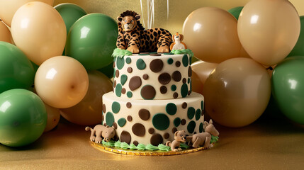 A safari-themed birthday cake with edible animal prints and fondant animals, surrounded by green and tan balloons on a solid savannah gold background. - obrazy, fototapety, plakaty
