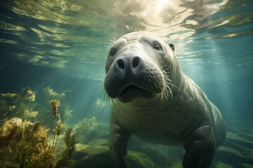 Playful seal peeks with sparkling eyes in clear underwater scenery - 774716655