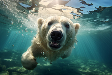 Majestic polar bear swimming underwater - 774716675