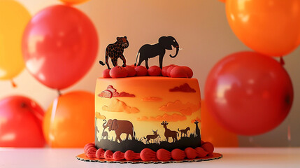 A safari sunset themed birthday cake with warm orange and red icing, featuring silhouettes of animals, accompanied by orange and red balloons on a solid safari sunset background.