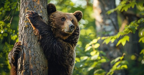 Bear Hug - A captivating image of a brown bear hugging a tree, showcasing its strength and connection to nature. Generative AI