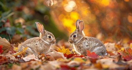 Fall Foliage Favorites Two Bunnies in a Field of Leaves Generative AI