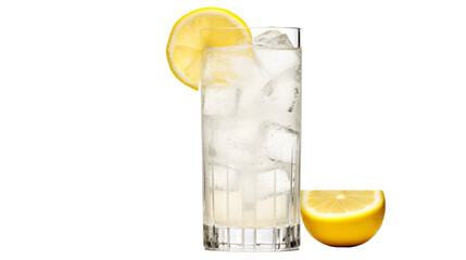 Tall glass filled with ice and lemon slices for a refreshing drink