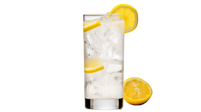 A tall glass brimming with ice and refreshing lemon slices