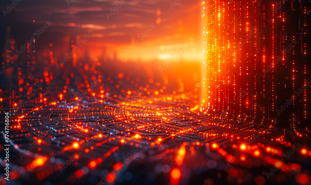 Poster digital fortress constructed from binary data streams, representing the impenetrable security and pr