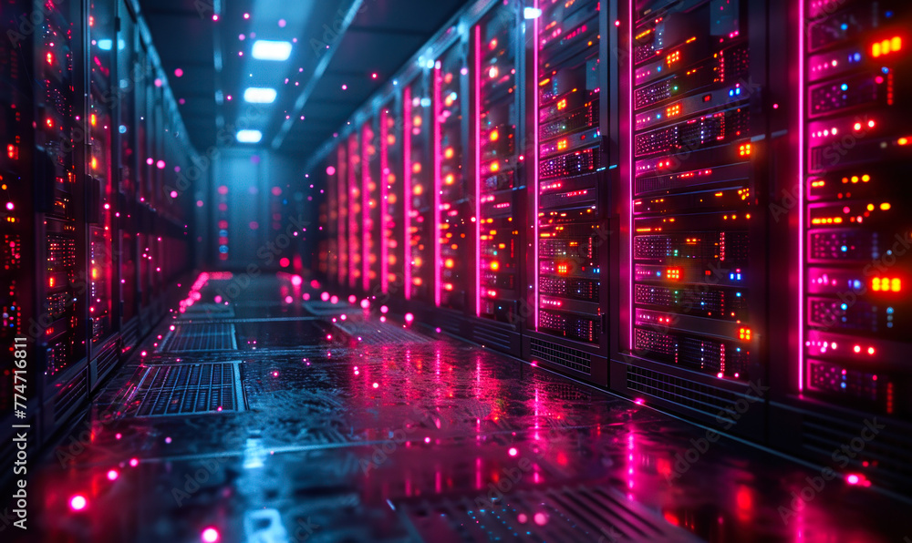 Poster Futuristic 3D render of blockchain technology concept with glowing blue cubes and digital data network in a dark background, representing decentralized digital systems and secure data transmission