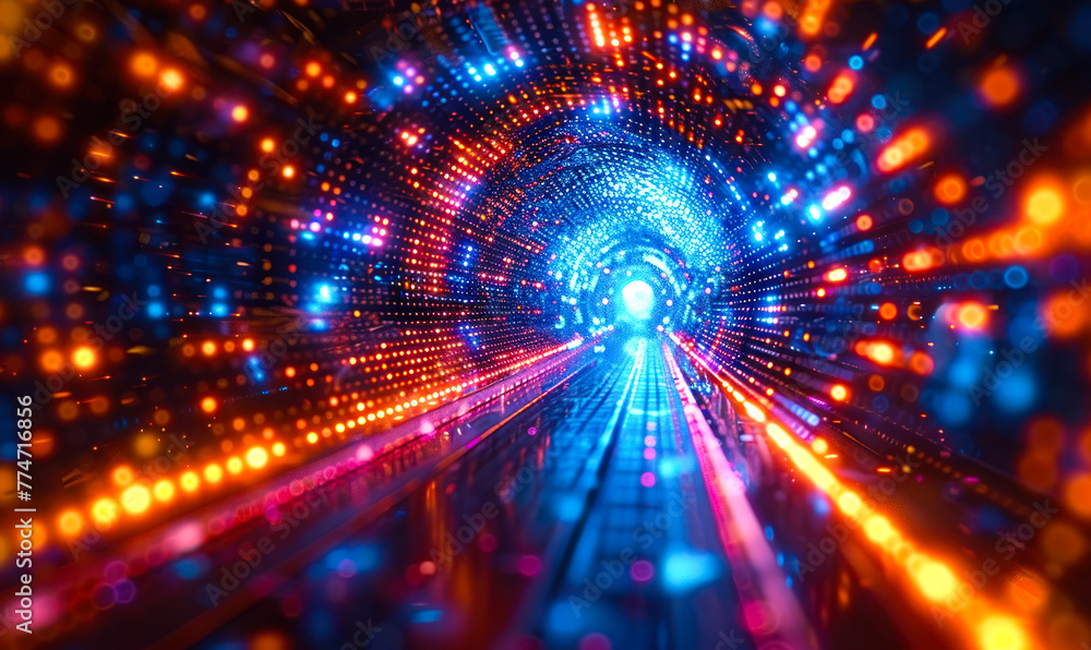Poster futuristic digital tunnel with glowing particles and lights, representing fast data transfer, inform