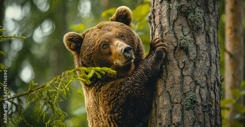 Poster Bear Hug - A brown bear hugging a tree trunk, capturing the essence of the current trend of hugging and the monthly event of bear appreciation day. Generative AI