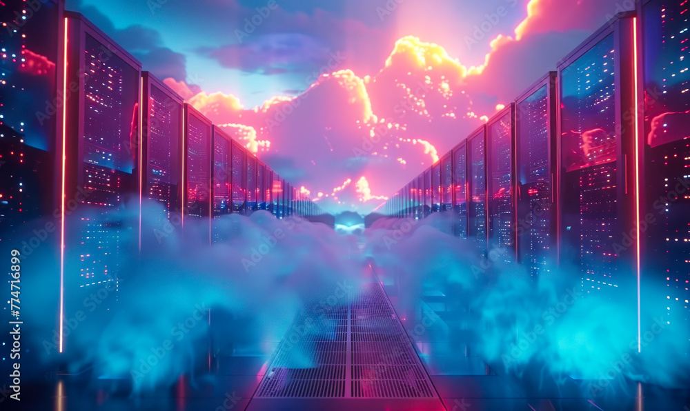 Poster futuristic data center with rows of server racks under a glowing, cloudy sky concept of cloud comput