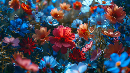 A mesmerizing mix of blossoms, ranging from fiery reds to serene blues, forming a captivating bouquet that's a feast for the eyes. 8K. - obrazy, fototapety, plakaty