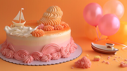 A romantic sunset cruise themed birthday cake with pink and orange icing, featuring edible waves and a fondant boat, next to pink and orange balloons on a solid sunset orange background. - obrazy, fototapety, plakaty