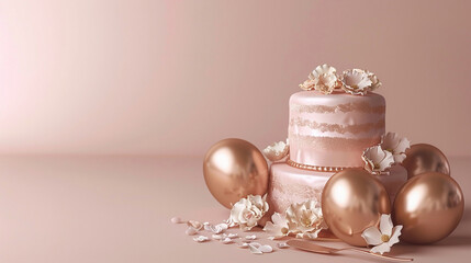 A romantic, rose gold birthday cake with delicate floral accents, accompanied by rose gold balloons on a solid blush background.