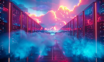 Futuristic data center with rows of server racks under a glowing, cloudy sky Concept of cloud computing, digital transformation, hybrid cloud solutions, and advanced IT infrastructure - obrazy, fototapety, plakaty