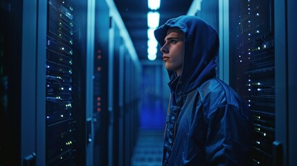 A Hooded Hacker Steals Information from Corporate Data Center - obrazy, fototapety, plakaty