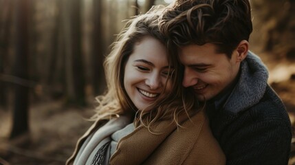 Embracing fresh air and engaging in outdoor activities. Loving young couple hugging and smiling together on nature background