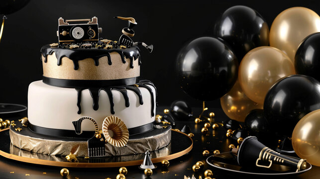 A roaring 20s themed birthday cake with black, gold, and white icing, featuring edible flapper accessories and a fondant phonograph