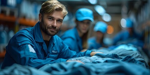 Man in blue uniform inspecting clothes at a dry cleaning facility with another employee in the background symbolizing the garment care service industry. Concept Garment Care Services - obrazy, fototapety, plakaty