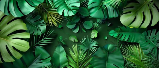 Tropical paper leaves bouquet, papercraft, green monstera palm leaf, jungle background, foliage, botanical paper art, natural wallpaper. - obrazy, fototapety, plakaty