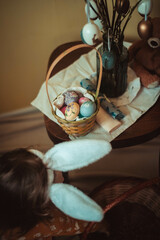 easter still life, basket with easter eggs