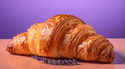 An HDR capture of a freshly baked croissant on a solid lavender background, highlighting the...