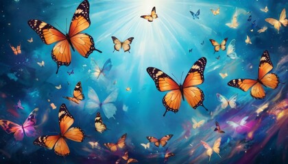 Fototapeta na wymiar A fantastical depiction of radiant butterflies amidst a cosmic backdrop, radiating a sense of wonder and magic.. AI Generation