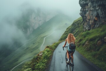 Fototapeta premium Woman ride electric mountain bikes in the Dolomites in Italy. Mountain biking adventure on beautiful mountain trails.