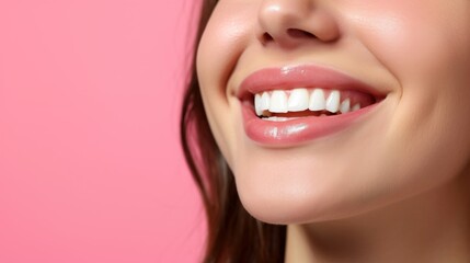 Obraz premium Beautiful female smile after teeth whitening procedure. Dental care. Dentistry concept