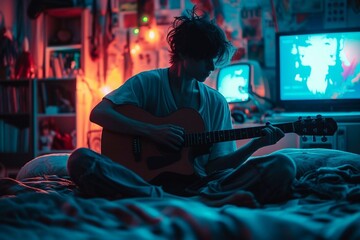 Teenager playing guitar in bedroom