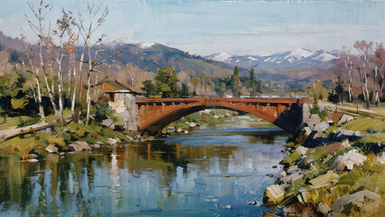 Scene of a bridge over a stream, Digital art painting, loosely speed painting.