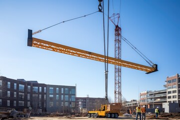 Fototapeta na wymiar Crane lifting steel beams at a construction site concept, A truck crane lifts a large steel beam on a construction site, AI generated
