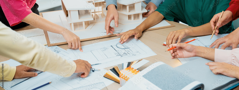 Poster skilled architect team discuss about house construction while interior designer point an appropriate