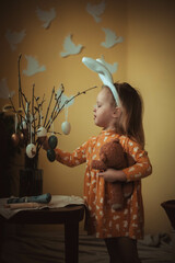little girl with bunny ears, Easter, joy, Easter eggs