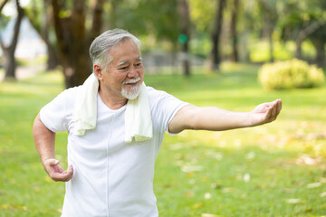 asian senior man workout and practice tai chi in the park
