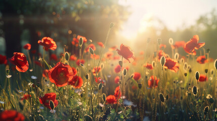 A sun-drenched summer meadow, alive with the vibrant red hues of poppies swaying gently in the breeze. 8K