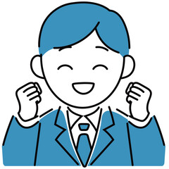 ガッツポーズをするスーツ姿の若い男性