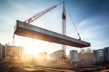 Crane lifting steel beams at a construction site concept, A truck crane lifts a large steel beam on a construction site, AI generated