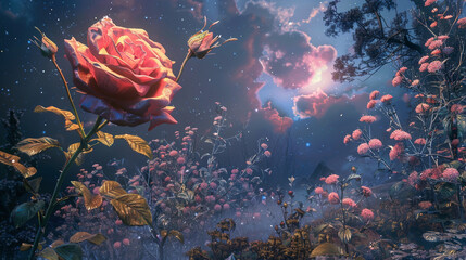 A surreal dreamscape where giant roses bloom in a fantastical landscape, their petals glistening with an otherworldly iridescence under the moonlight. 8K - obrazy, fototapety, plakaty