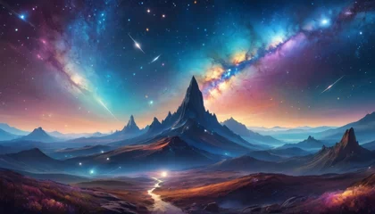 Foto op Aluminium A fantastical landscape stretches under a night sky ablaze with galactic colors, shooting stars, and nebulous clouds, inviting wonder about the vastness of space.. AI Generation © Anastasiia
