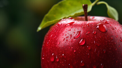 An HDR image of a bright red apple icon, with water droplets on its surface, symbolizing freshness and health, set against a blurred orchard background.