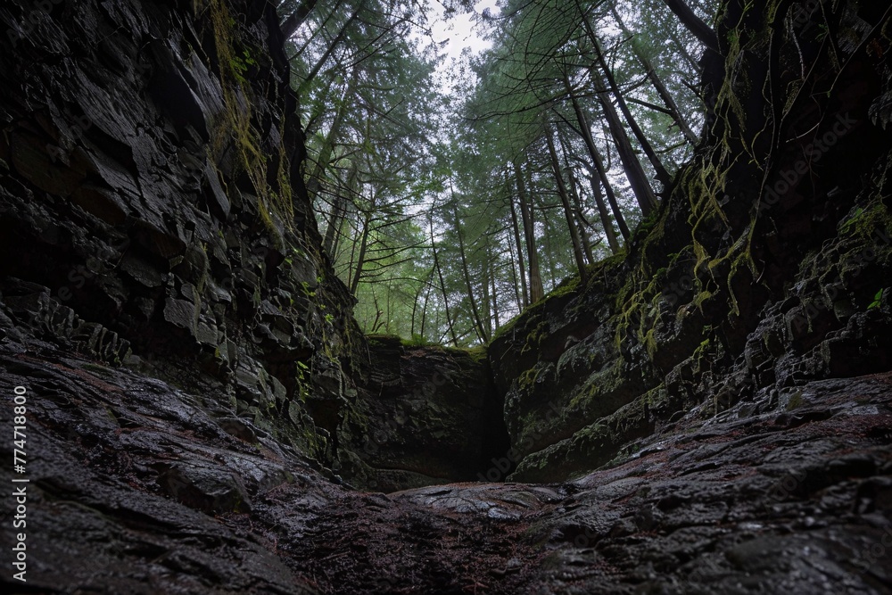 Poster a dark and moody forest path generative ai