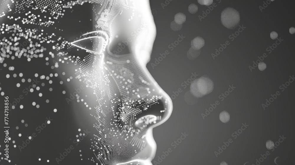 Poster digital human face constructed in 3d particles