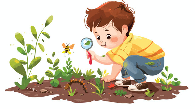 Cartoon Little boy looking at caterpillar using magnifying glass