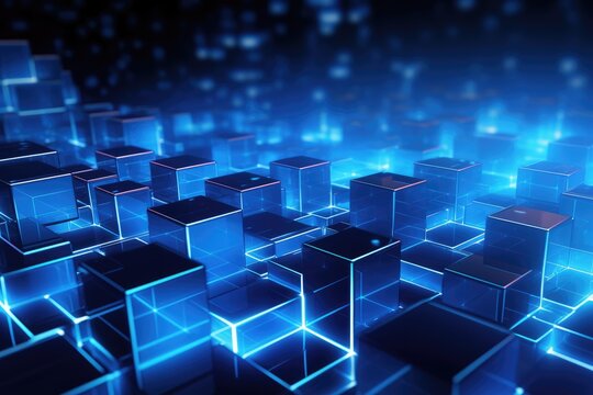 3d square and neon light line dark blue background, blue technology background with glowing cubes 3d rendering toned image 3D rendering, Ai generated